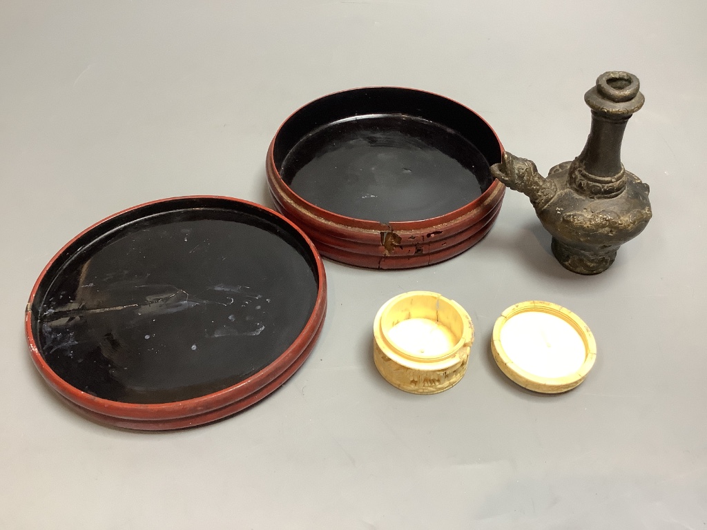 A Chinese cinnabar lacquer, a bronze vase and a carved ivory box